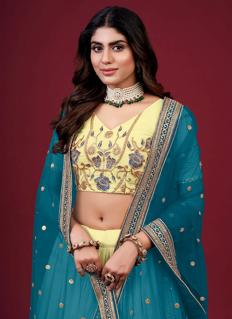 Yellow And Blue Multi Embroidery Wedding Lehenga Choli