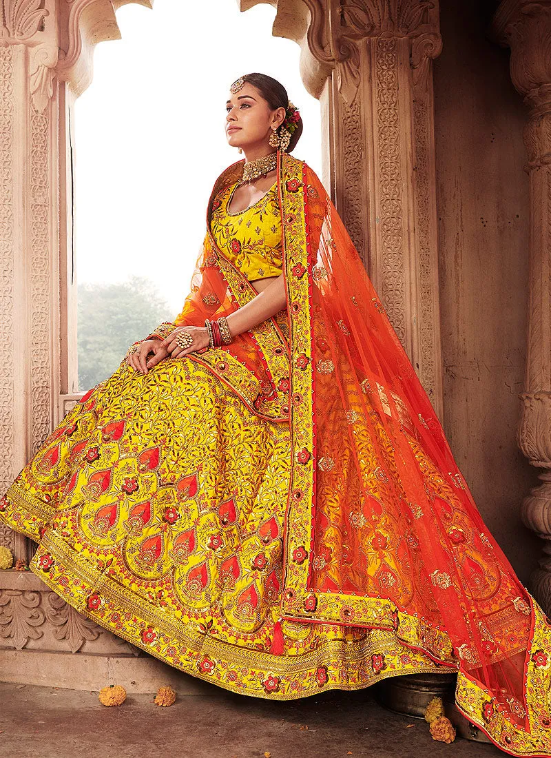 Yellow And Orange Zari Embroidered Wedding Lehenga Choli
