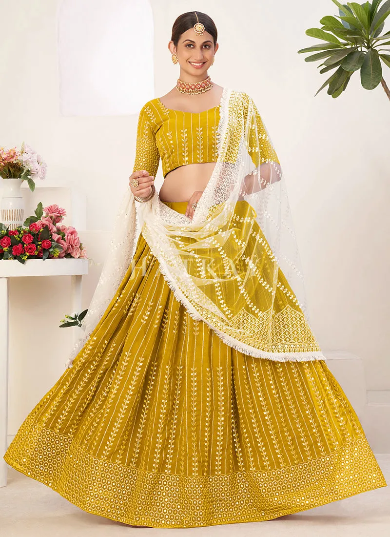 Yellow And White Sequence Embroidery Lehenga Choli