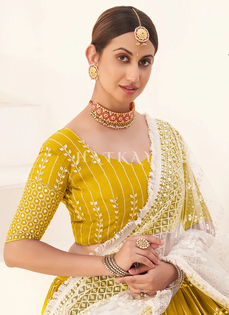 Yellow And White Sequence Embroidery Lehenga Choli