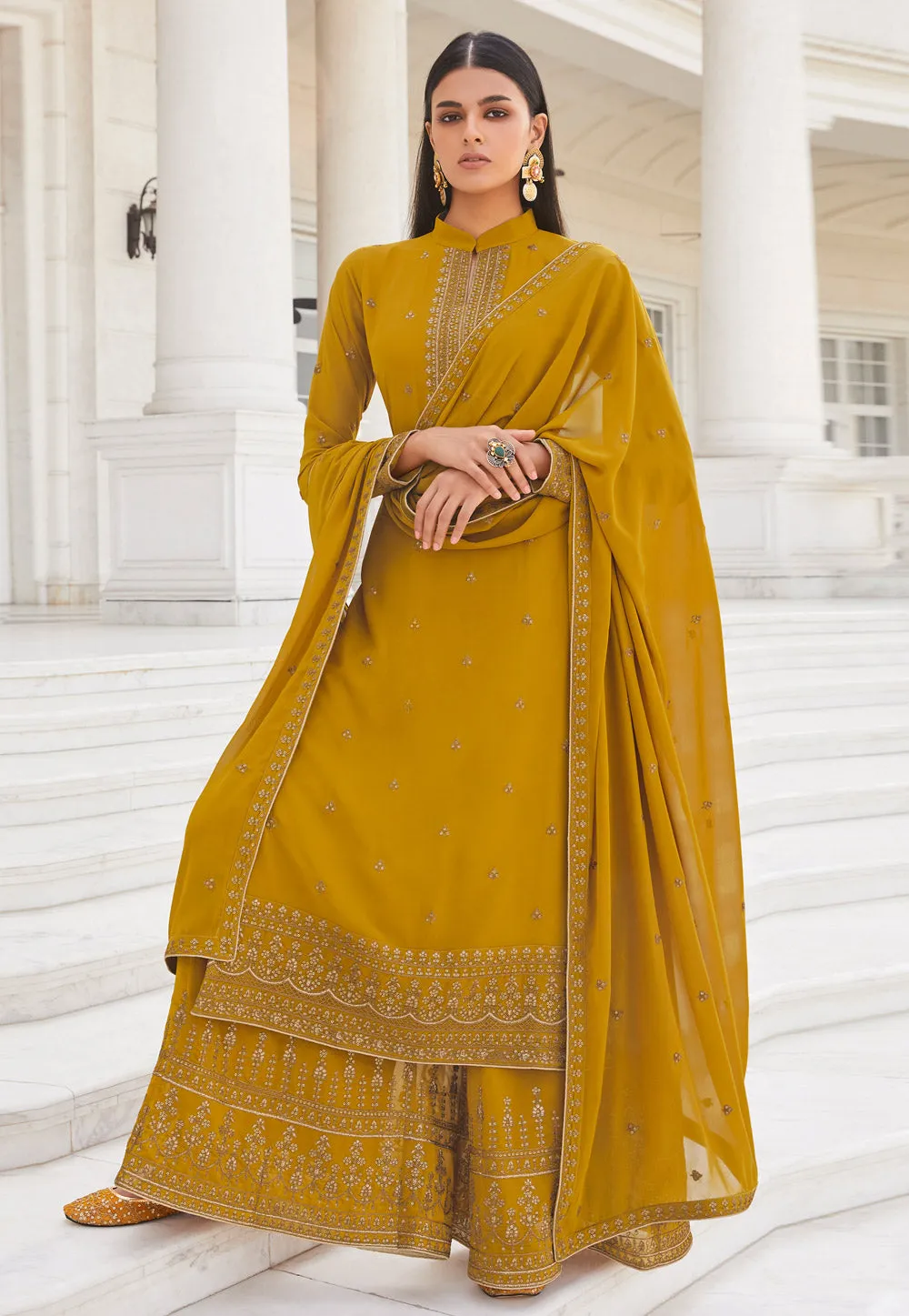Yellow Embroidered Designer Palazzo Suit