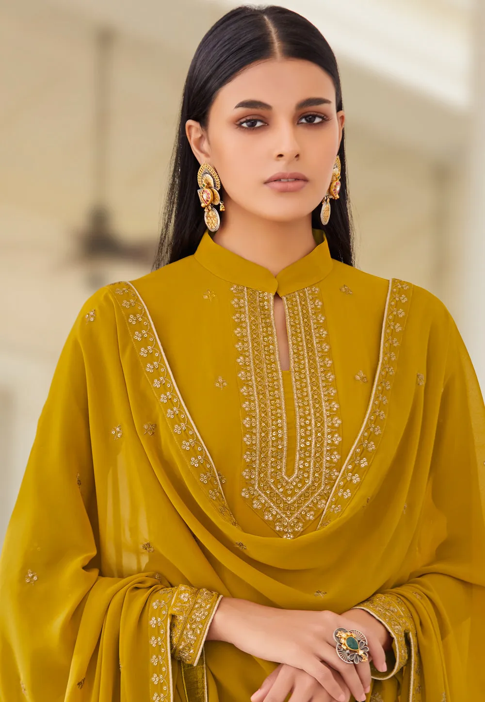 Yellow Embroidered Designer Palazzo Suit