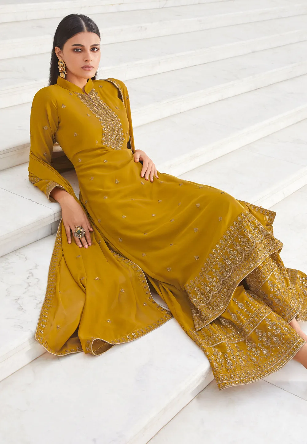 Yellow Embroidered Designer Palazzo Suit