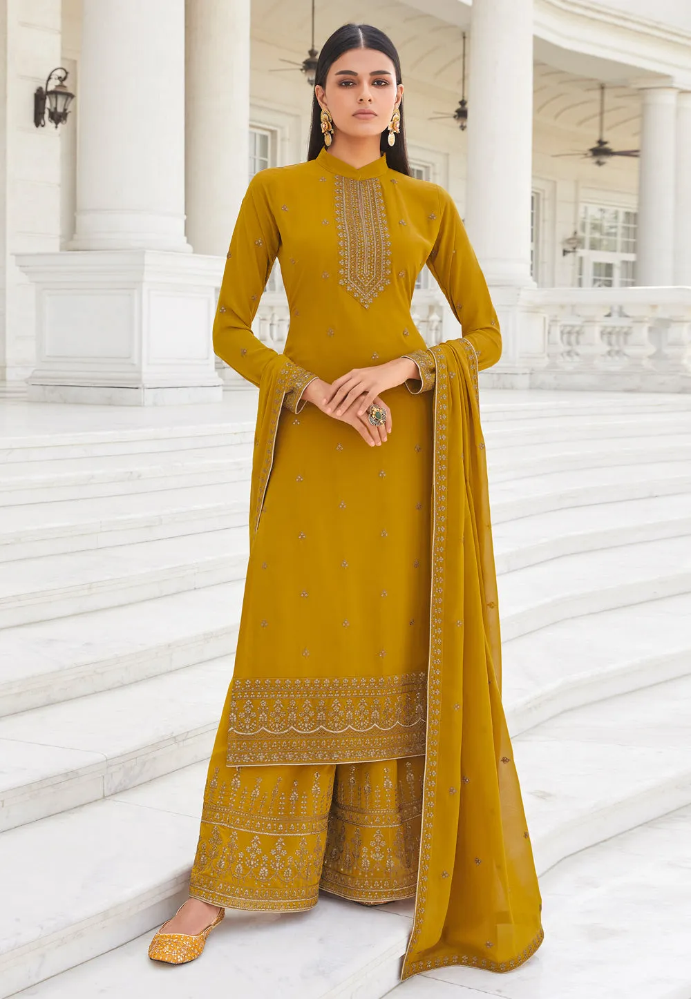 Yellow Embroidered Designer Palazzo Suit