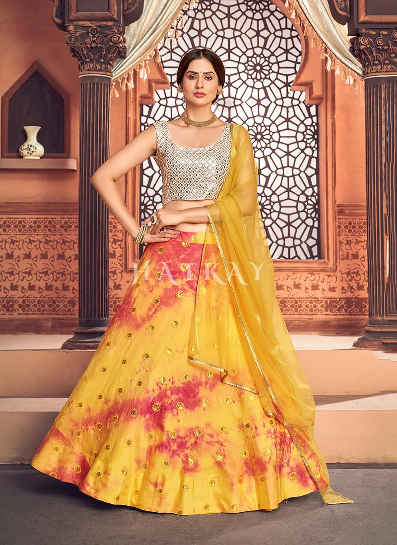 Yellow Pink Sequence Embroidered Lehenga Choli