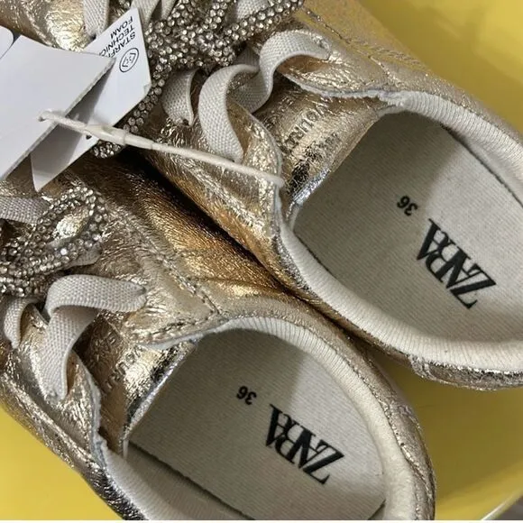Zara Metallic Gold tone Lace up Sneakers(Size 4)