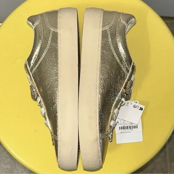 Zara Metallic Gold tone Lace up Sneakers(Size 4)
