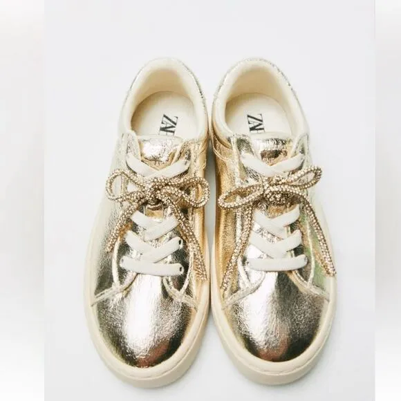 Zara Metallic Gold tone Lace up Sneakers(Size 4)