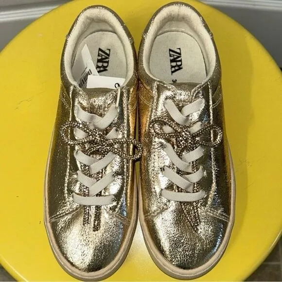 Zara Metallic Gold tone Lace up Sneakers(Size 4)