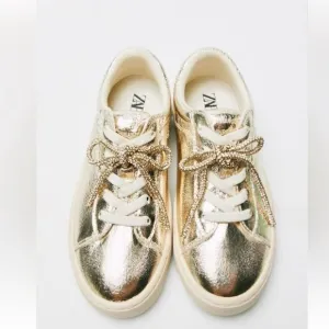 Zara Metallic Gold tone Lace up Sneakers(Size 4)